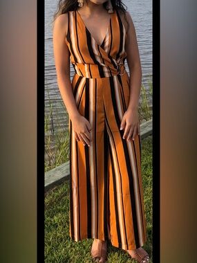 Forever 21 Striped Wrap Jumpsuit in Orange, Brown, White